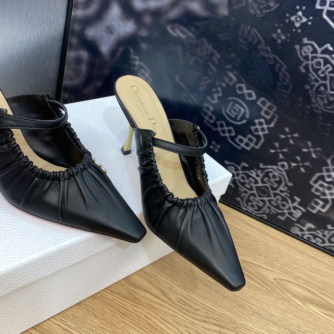 工厂价Dior迪奥2023新款D-Fame系列金属鞋跟女鞋明星同款方头穆勒拖鞋CD字母logo五金扣高跟