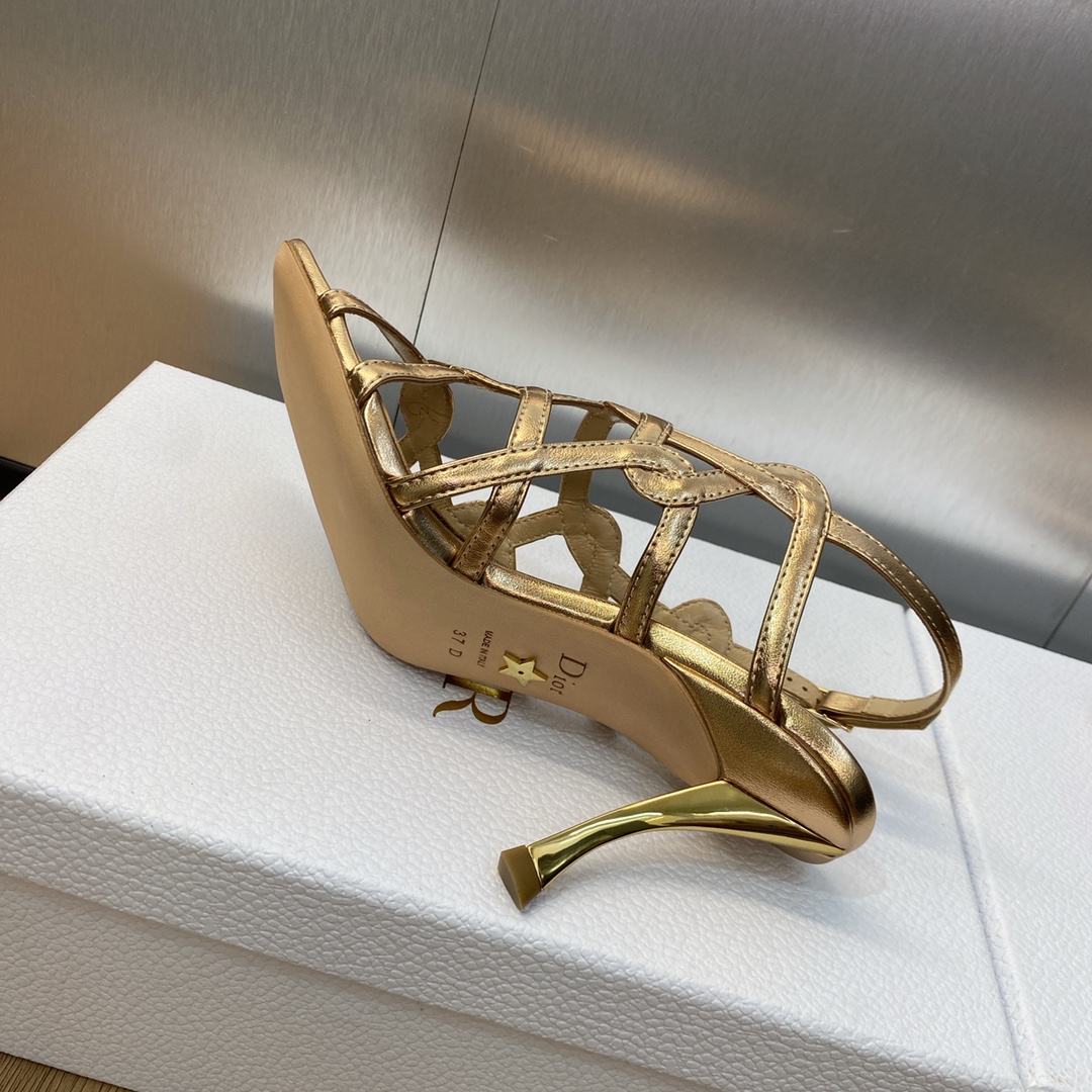 工厂价Dior迪奥2023新款D-Fame系列金属鞋跟女鞋明星同款方头露趾镂空罗马拖鞋CD字母logo五