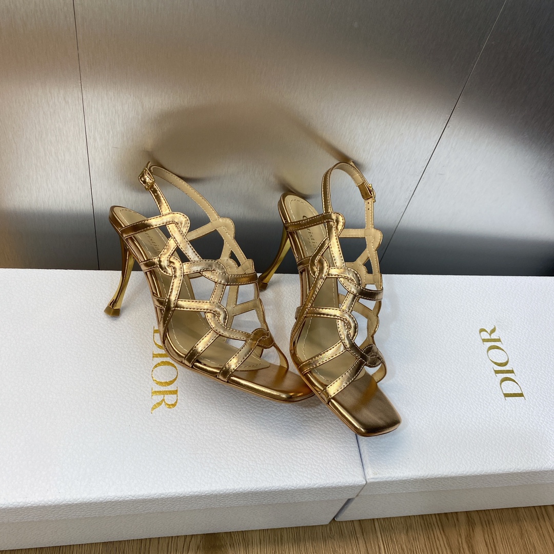 工厂价Dior迪奥2023新款D-Fame系列金属鞋跟女鞋明星同款方头露趾镂空罗马拖鞋CD字母logo五