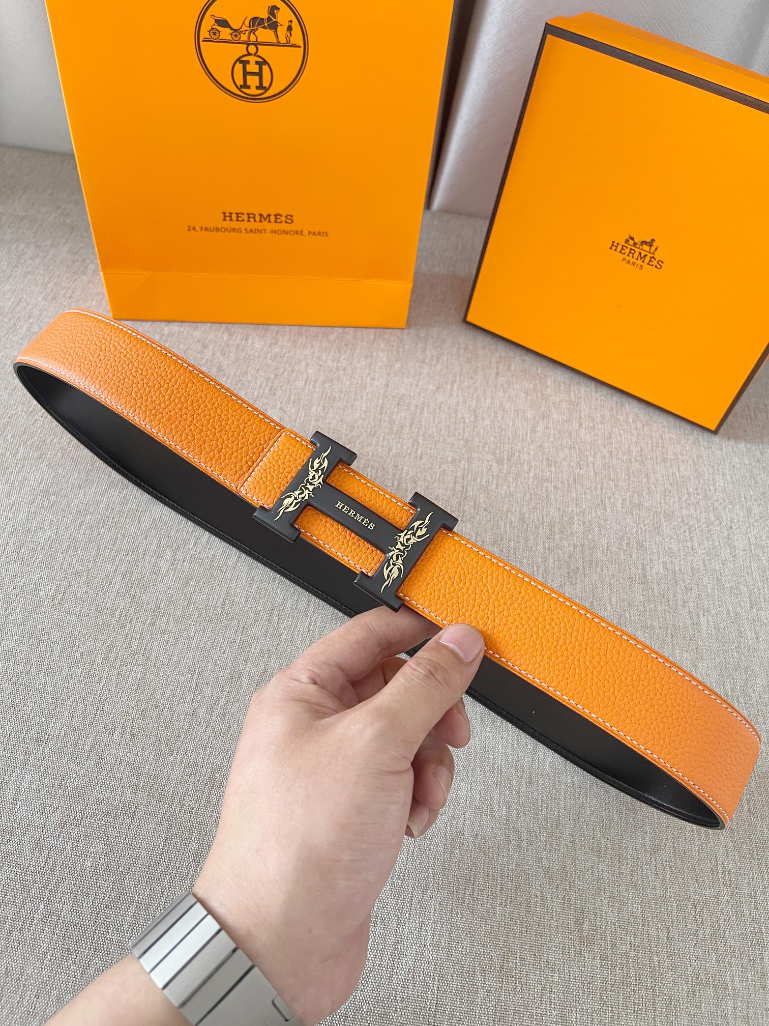 爱马仕Hermes3.8cm单面原版荔枝纹搭配精品工字纯铜五金