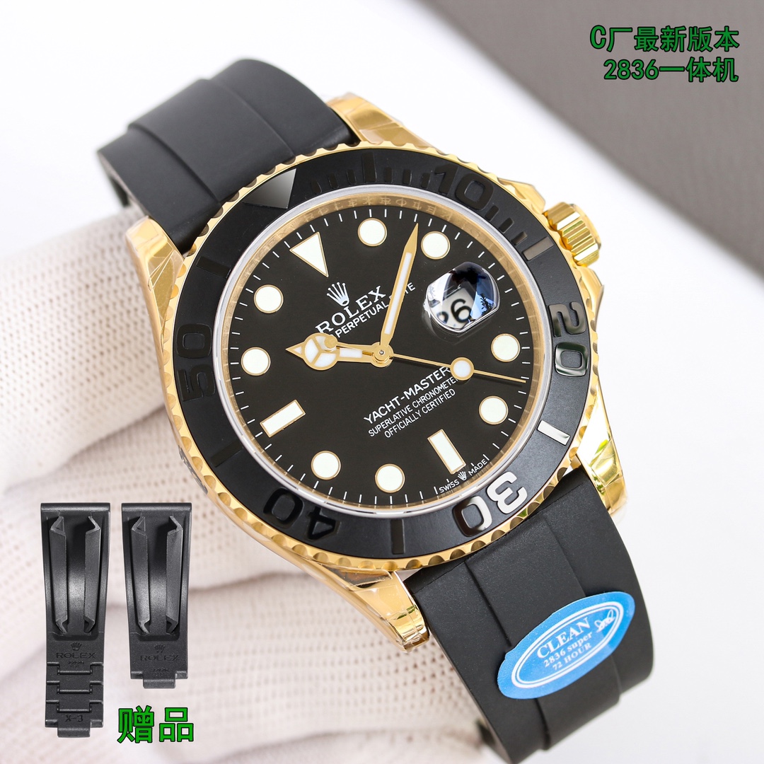 价格：1150
最新推出，最高性价比，最实惠款式
新品🔥clean厂，C厂劳力士游艇42mm  226659白金款 ，纹贵金款，土豪金款，全面修正其他工厂不足之处 搭配2836一体机，最新定制一体化机芯以及特殊底纹处理的黑色凸字陶瓷圈后面附有真假对比

clean厂42mm 226659 YACHT-MASTER vs  VS工厂

下面我们拍摄了 Genuine  cf  vsf的ym对比
我们通过对比发现了以下区别

1.vsf的表壳形状 和原装有很大的区别 .相对才说c厂在表壳，以及牙圈打磨外观，工艺处理更加细腻。
2.胶带质感也比cf差很多。因为c厂胶带含有特殊的钛合金记忆钢片。
3.指针 vs没有那么立体。并且vs秒针轴完全错误❌
4.vs玻璃过高，并且没有圆角处理。
5.vs表扣部分外观弧度不够.
6.表壳底面贵金属刻字c厂相对清晰立体
7.c厂日历字体更加有油墨的立体感。
8.vs内影刻字略显粗糙
9.c厂的圆形/方形/三角形字钉更加圆润。          10。认准C厂品质，C厂独特编码，2836一体机，腕表编码W4789918，，腕表编码，1PD，C厂标志AU750，品质保证，搭配最新标签，最高性价比款式，特惠版本！