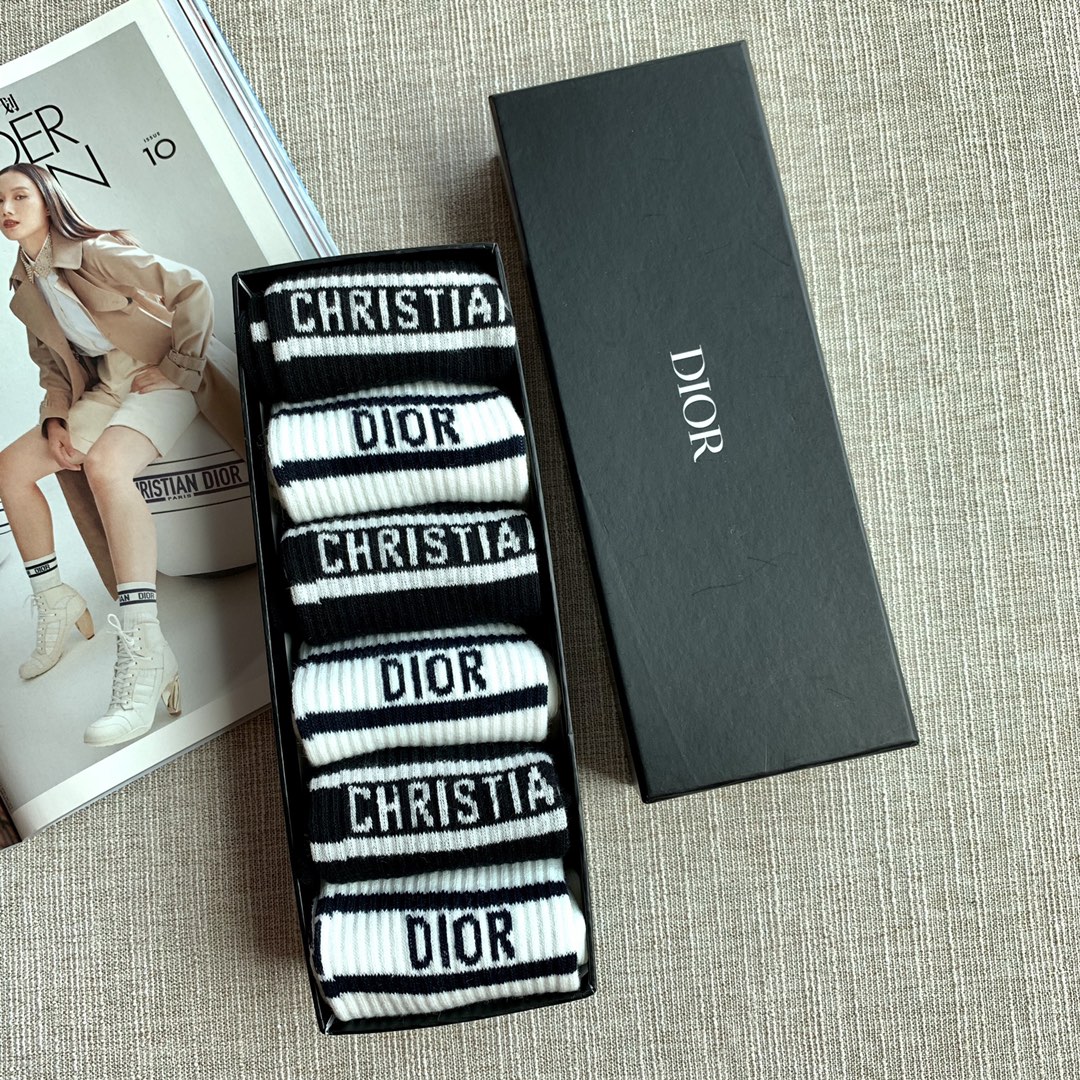 Dior Sock- Mid Tube Socks Black White Cotton