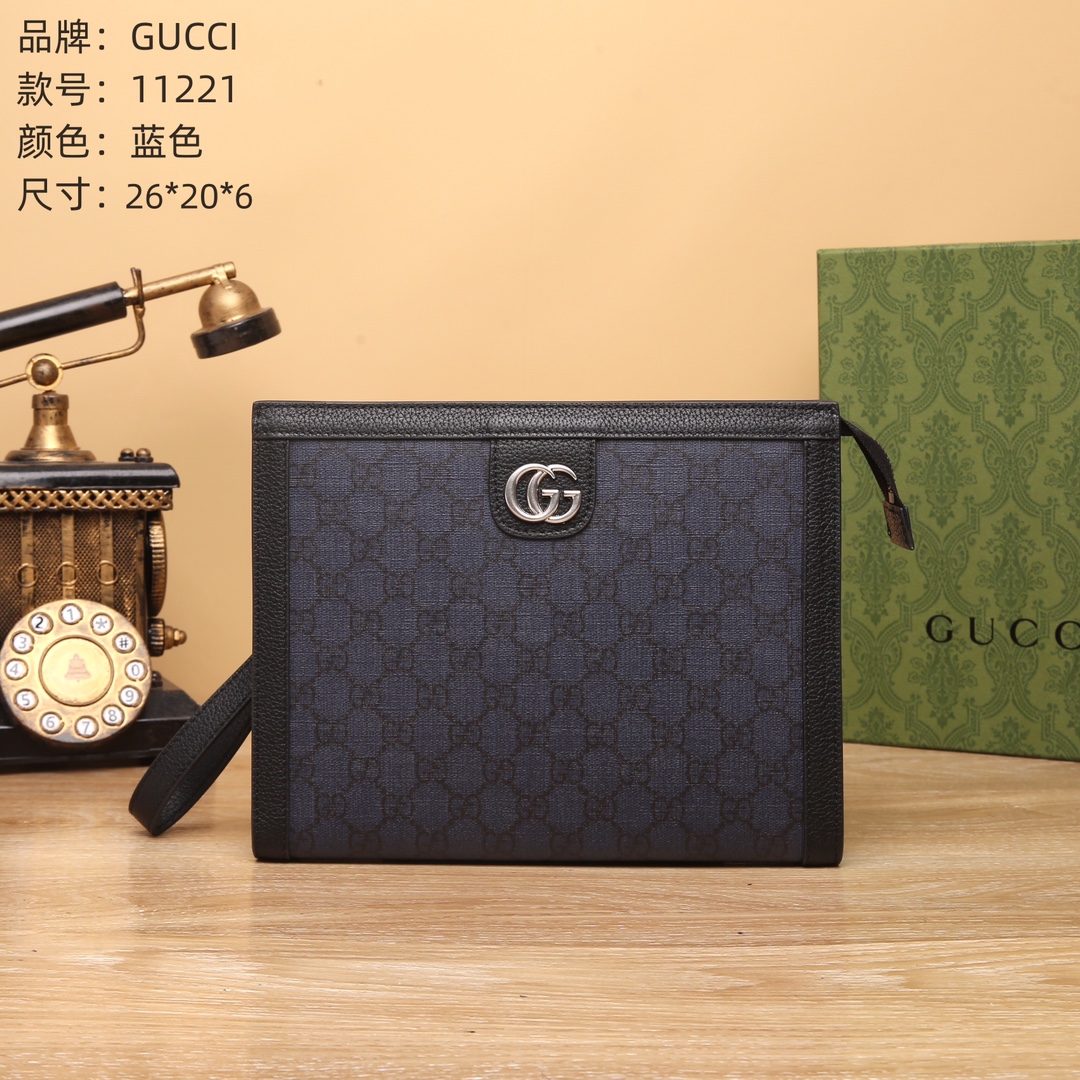 Gucci Men's Blue Leather Clutch with GG Pattern, 26 x 20 x 6 cm