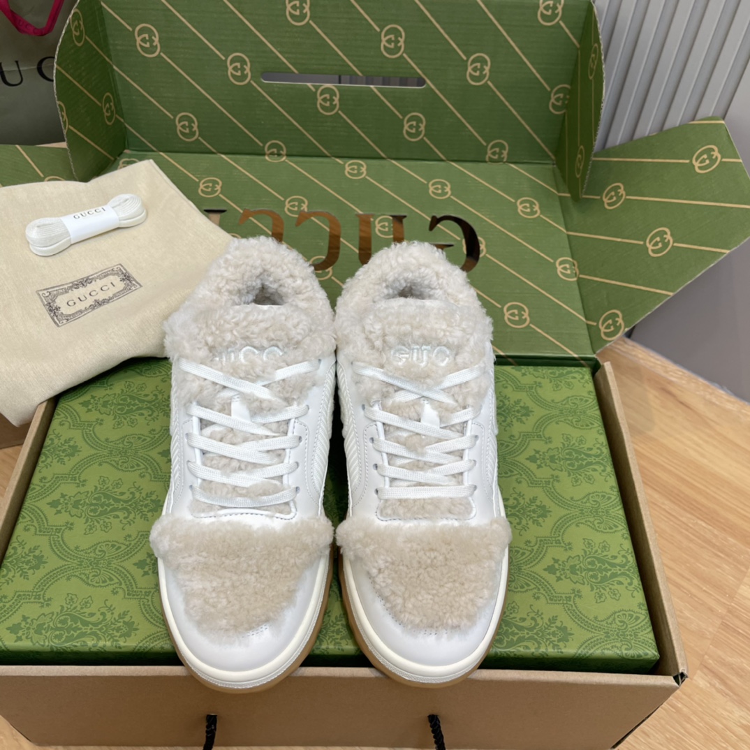GUCCI Sneakers White Leather Shearling Lace-Up