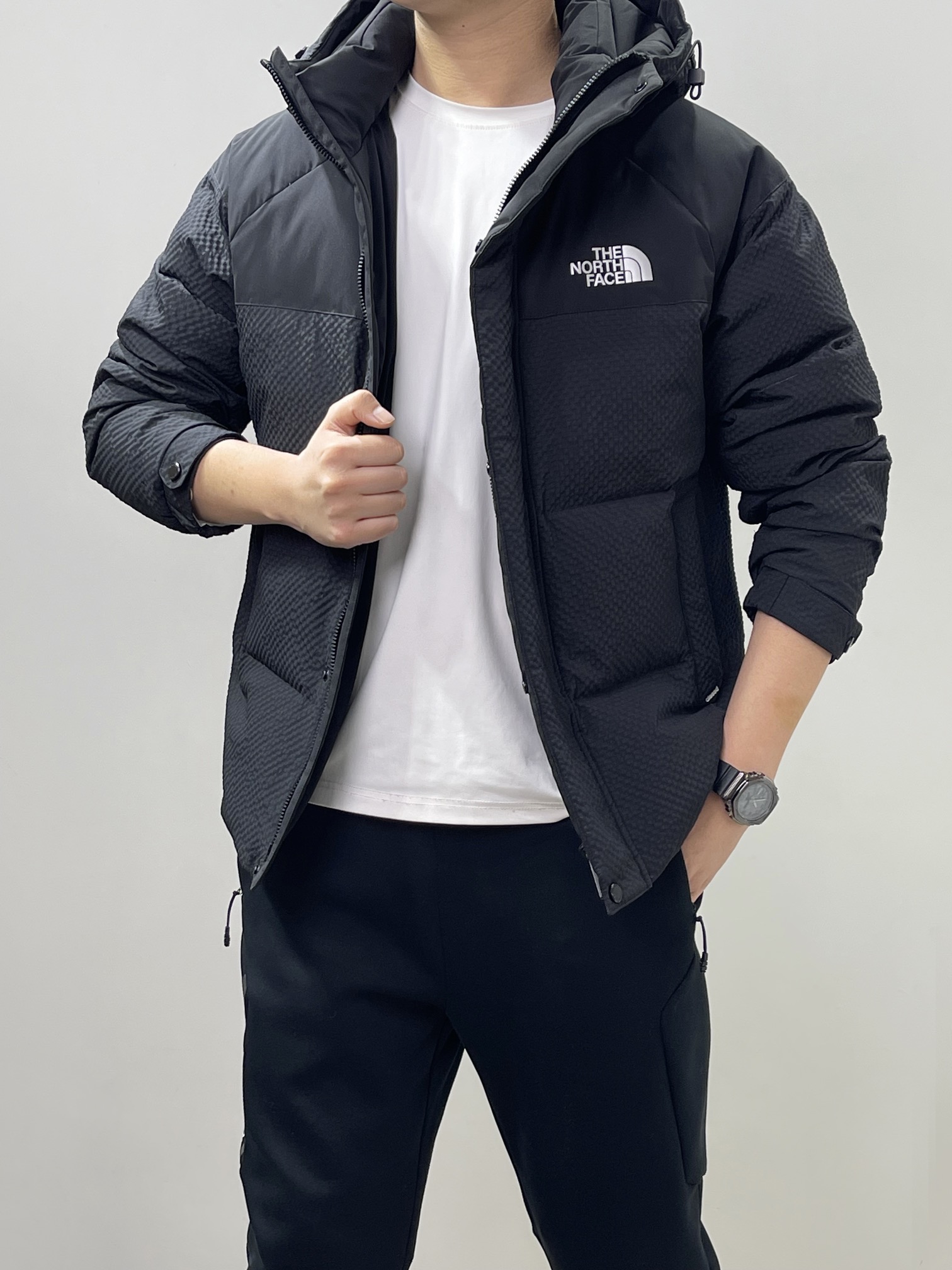 The North Face Clothing Coats & Jackets Down Jacket Black Grey White Unisex Duck Down Winter Collection Hooded Top