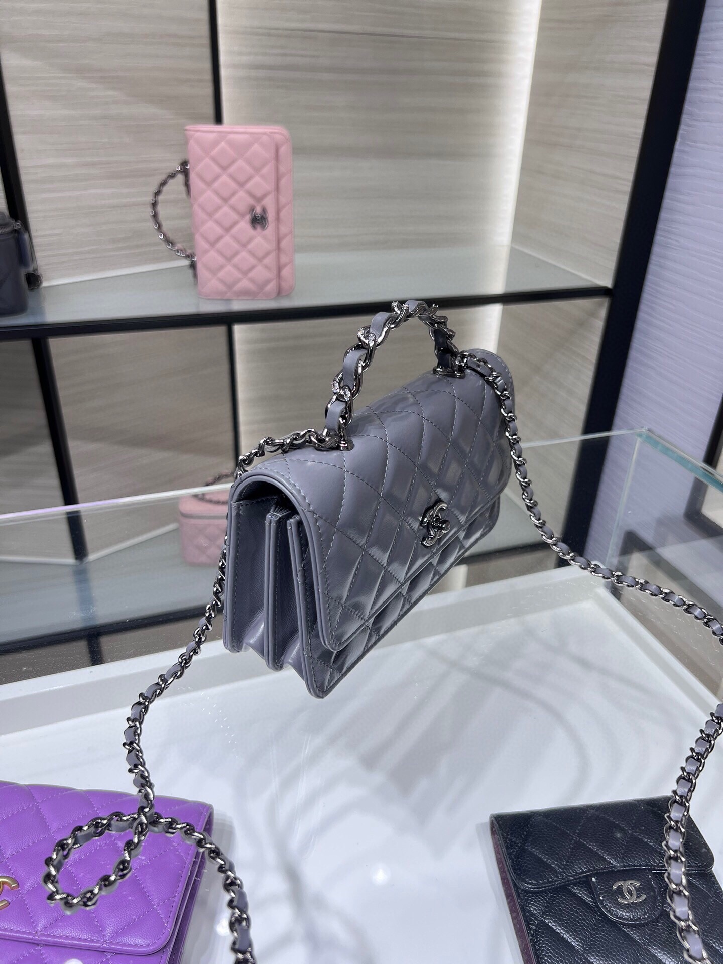 K新品辽色水钻手柄风琴包双层WOC水钻配牛皮AY尺寸:18.5116cm
