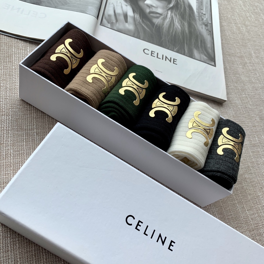Celine Sock- Mid Tube Socks Black Dark Green Grey White Bronzing Combed Cotton Fall/Winter Collection Fashion