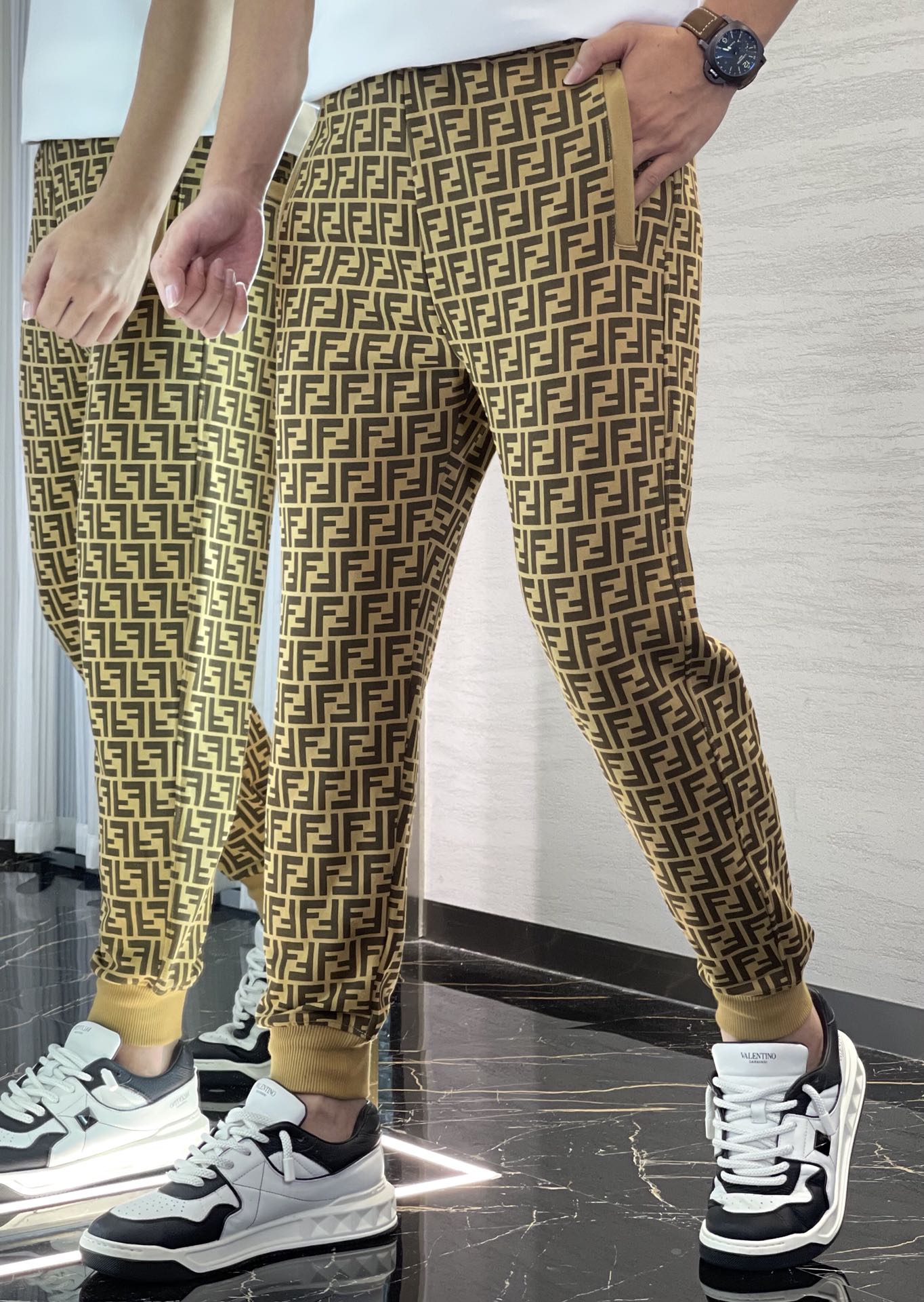 Fendi Clothing Pants & Trousers Black Yellow Printing Unisex Casual