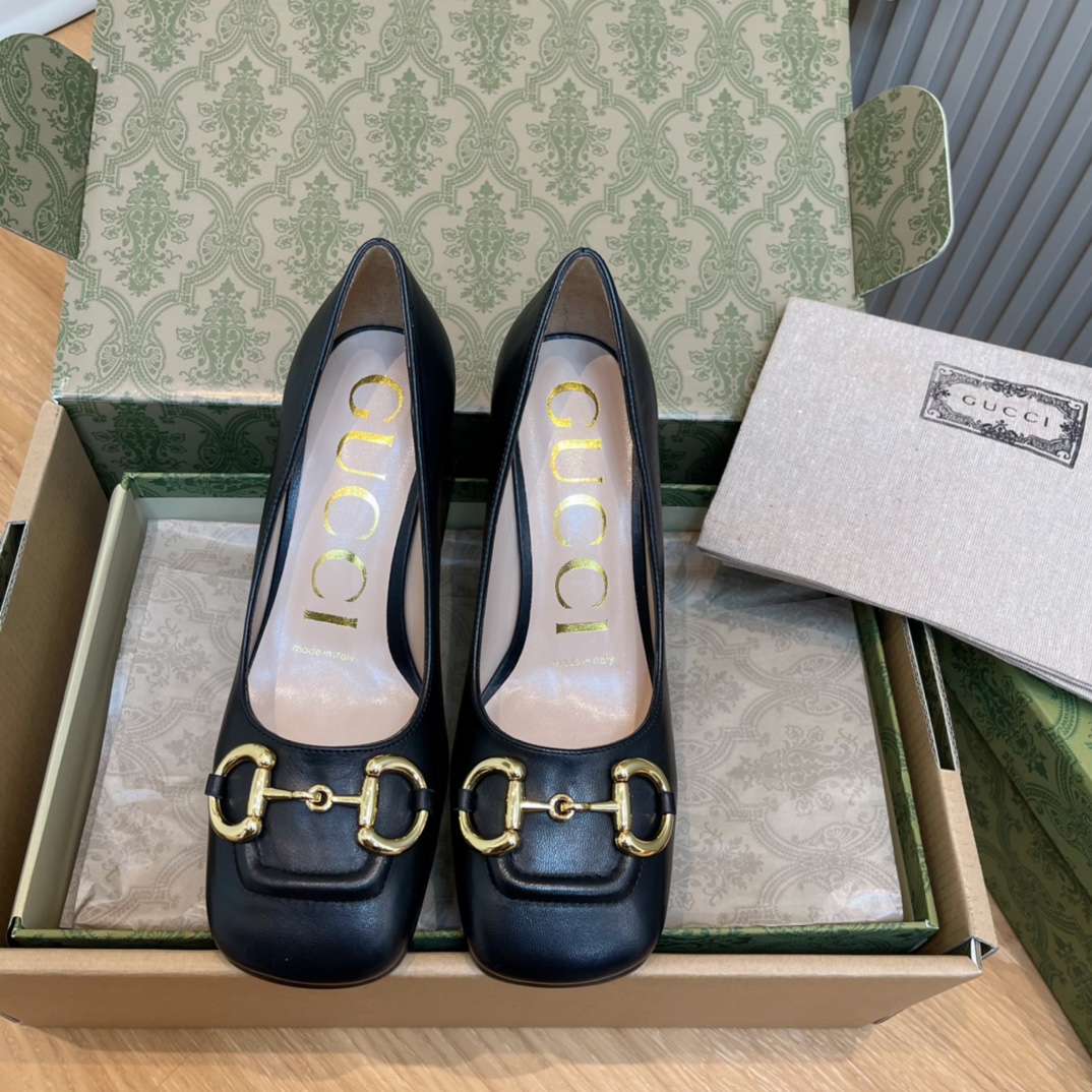 GUCCI High Heels Black Leather Horsebit Square Toe Pumps