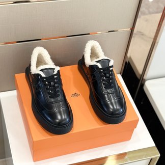 Hermes Shoes Sneakers Men Cowhide Rubber Wool Sweatpants