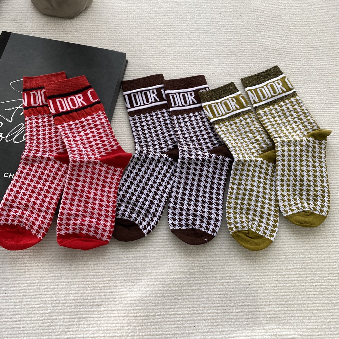 Dior Sock- Mid Tube Socks Brown Red Yellow Cotton Knitting Fall/Winter Collection