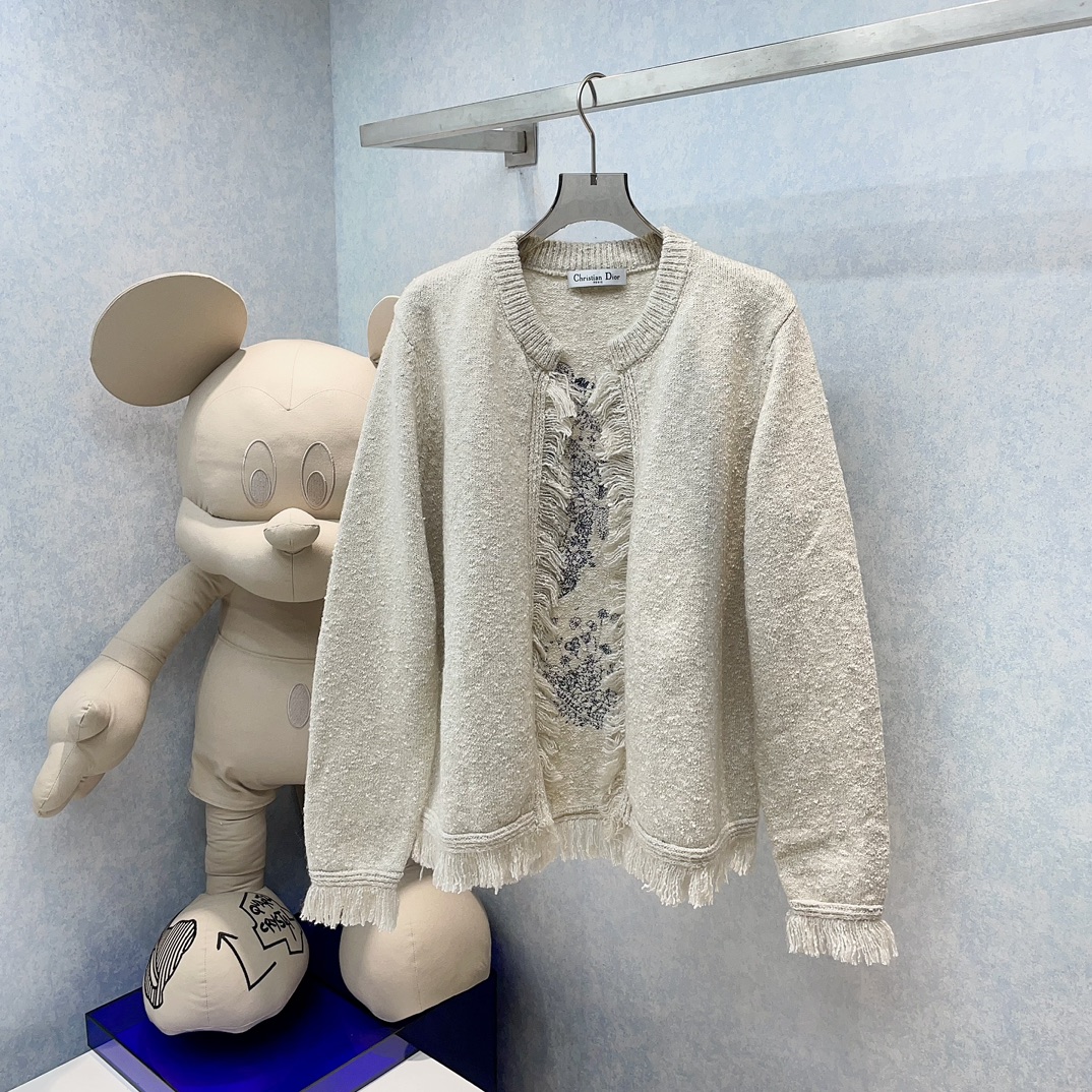 Dior Clothing Cardigans Coats & Jackets Beige Blue White Embroidery Cashmere Knitting Wool Spring Collection