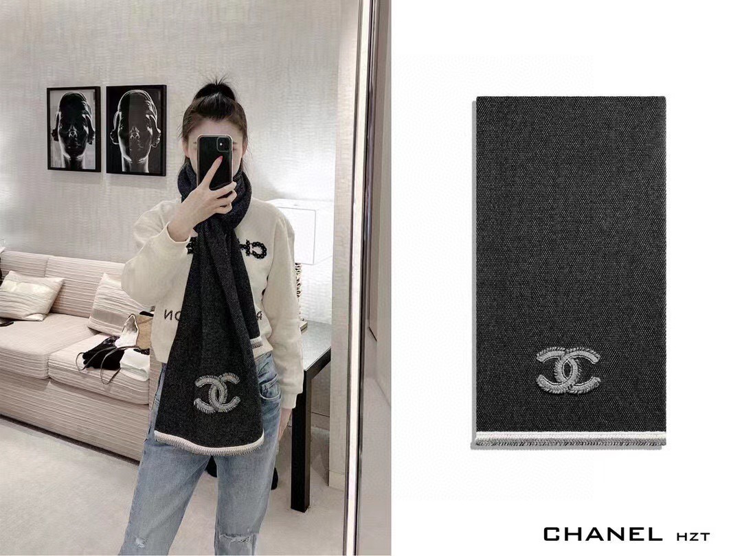 CHANEL 炫雅针织 双C logo 羊绒围巾