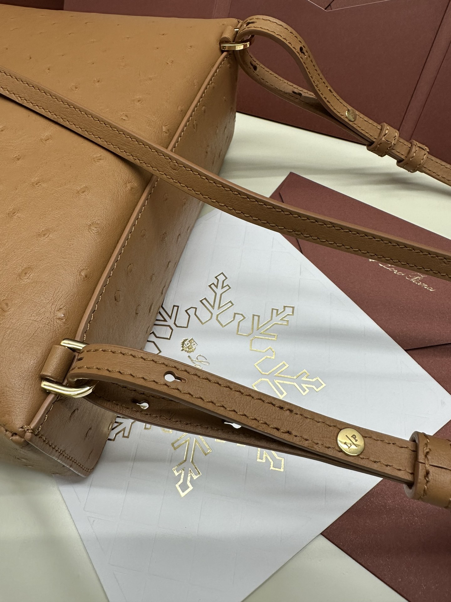 Luxurious Loro Piana Ostrich Handbag with Gold Buttons and Extra Pocket - 图片 8