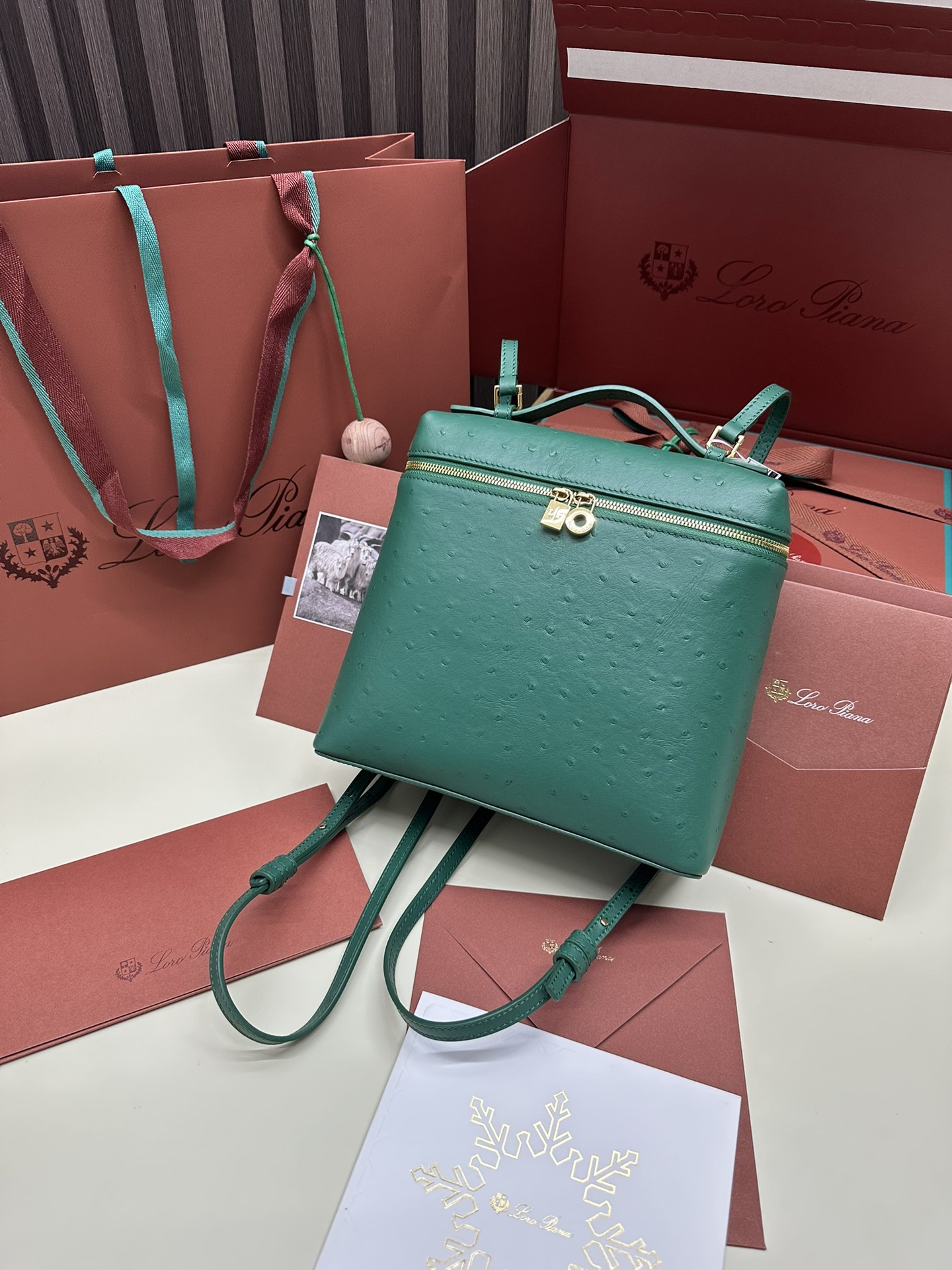 Loro Piana Ostrich Handbag with Gold Buttons and Extra Pocket