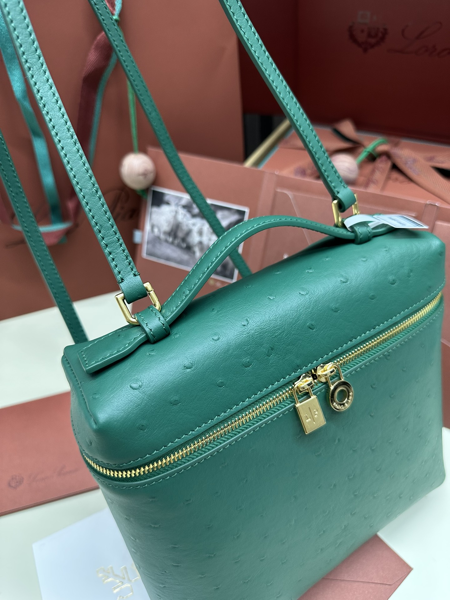 Loro Piana Ostrich Handbag with Gold Buttons and Extra Pocket - 图片 7