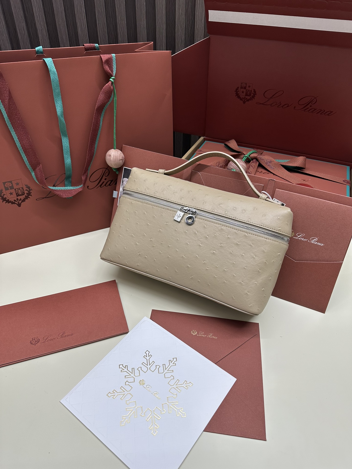 Loro Piana Ostrich Handbag with Extra Pocket and Silver Button - 图片 1