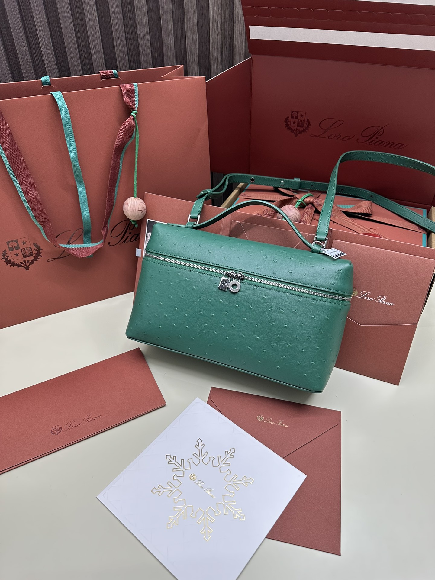 Loro Piana Ostrich Handbag with Extra Pocket and Silver Button - 图片 9