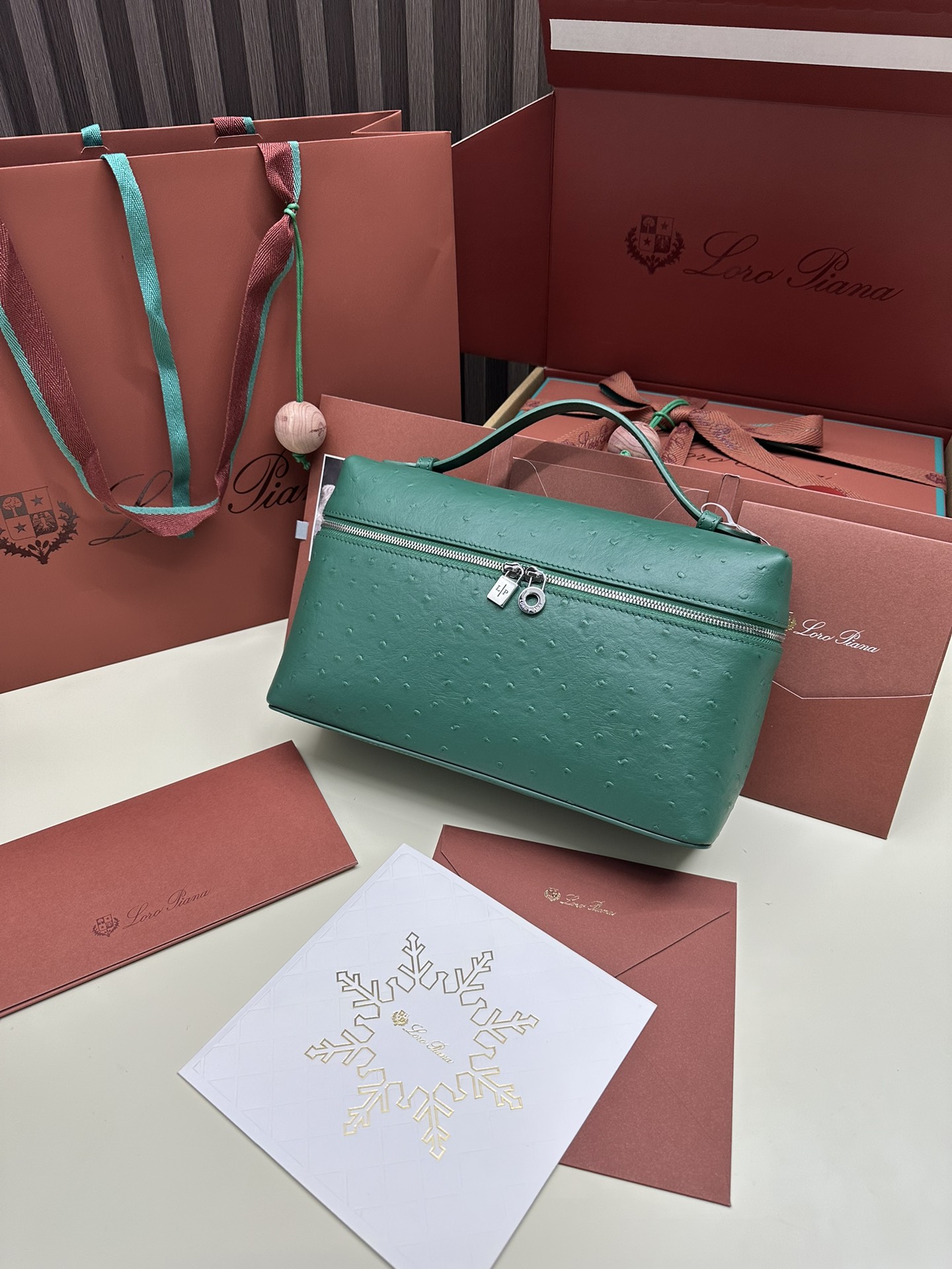 Loro Piana Ostrich Handbag with Extra Pocket and Silver Button