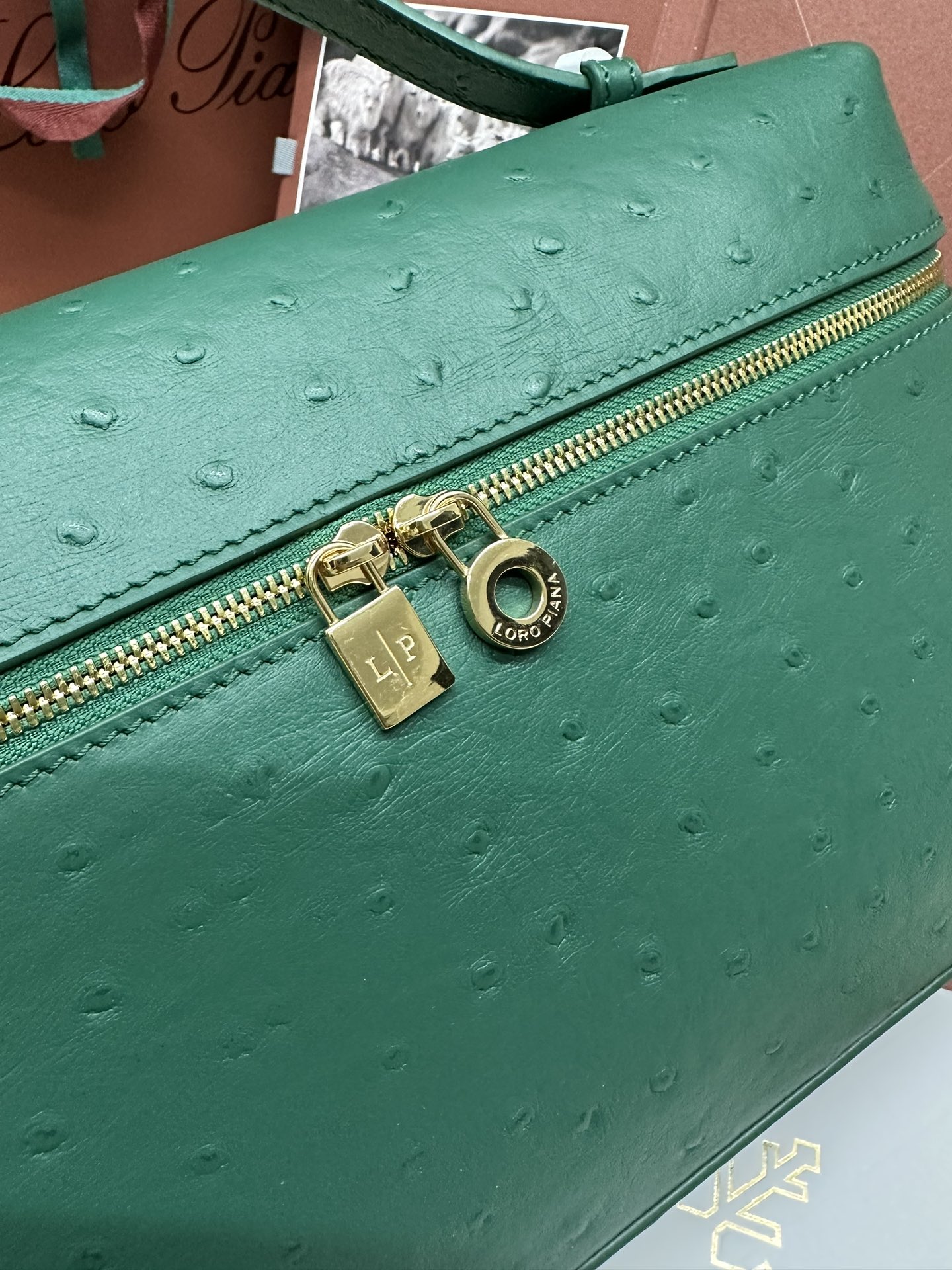 Loro Piana Ostrich Handbag with Extra Pocket and Gold Button - 图片 7
