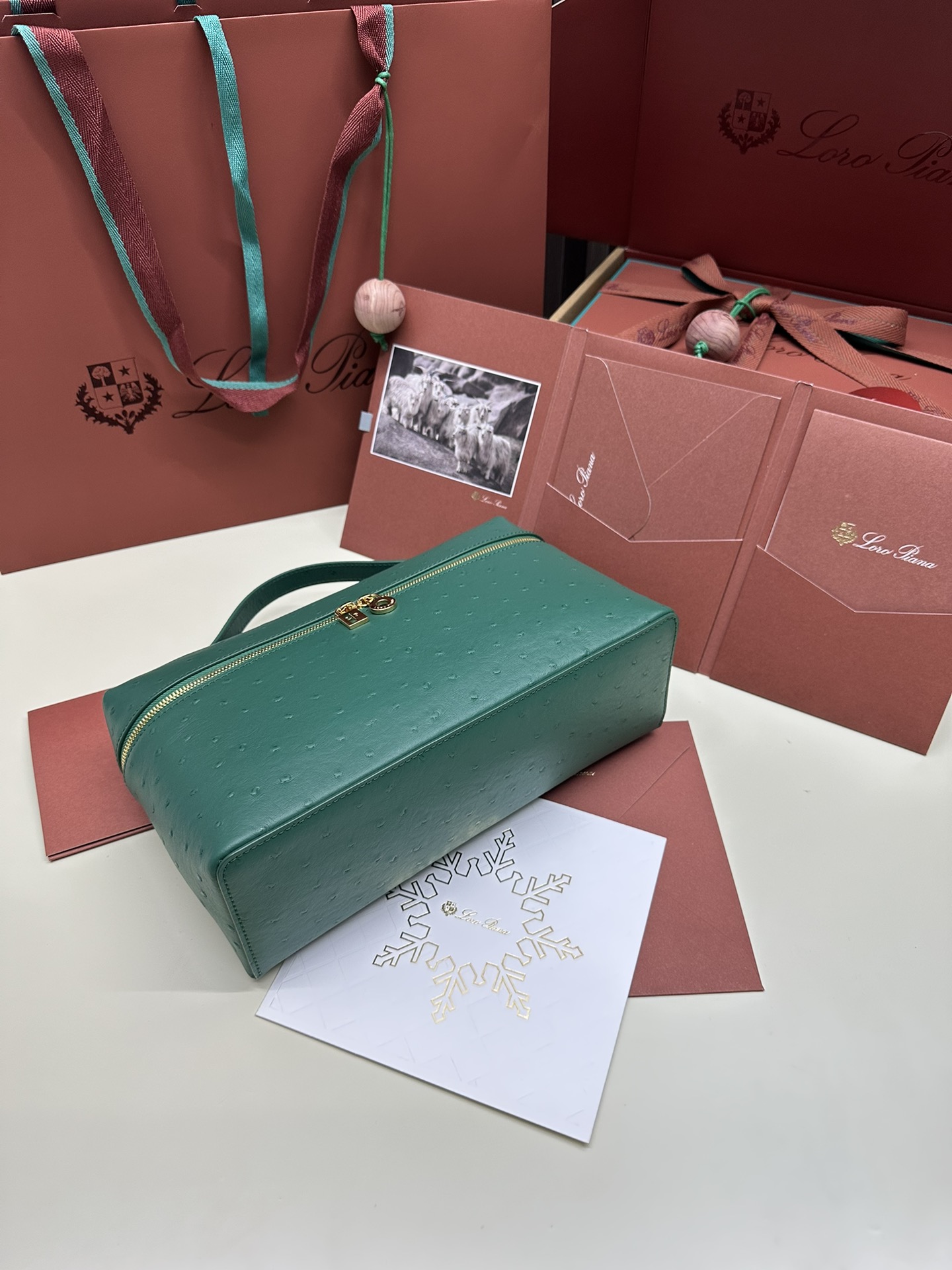 Loro Piana Ostrich Handbag with Extra Pocket and Gold Button - 图片 3