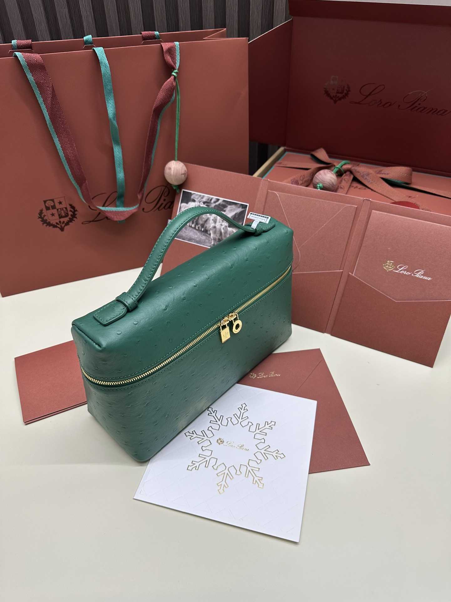 Loro Piana Ostrich Handbag with Extra Pocket and Gold Button - 图片 5