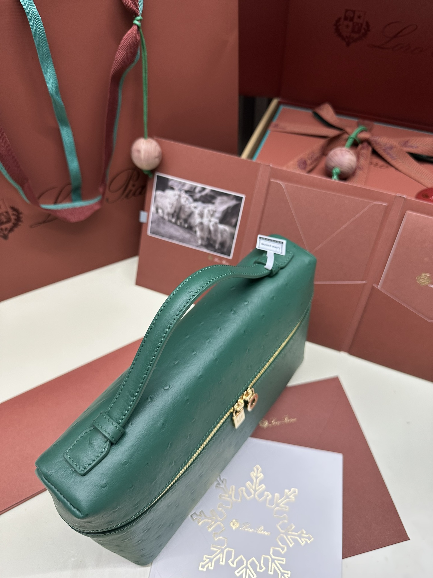 Loro Piana Ostrich Handbag with Extra Pocket and Gold Button - 图片 6