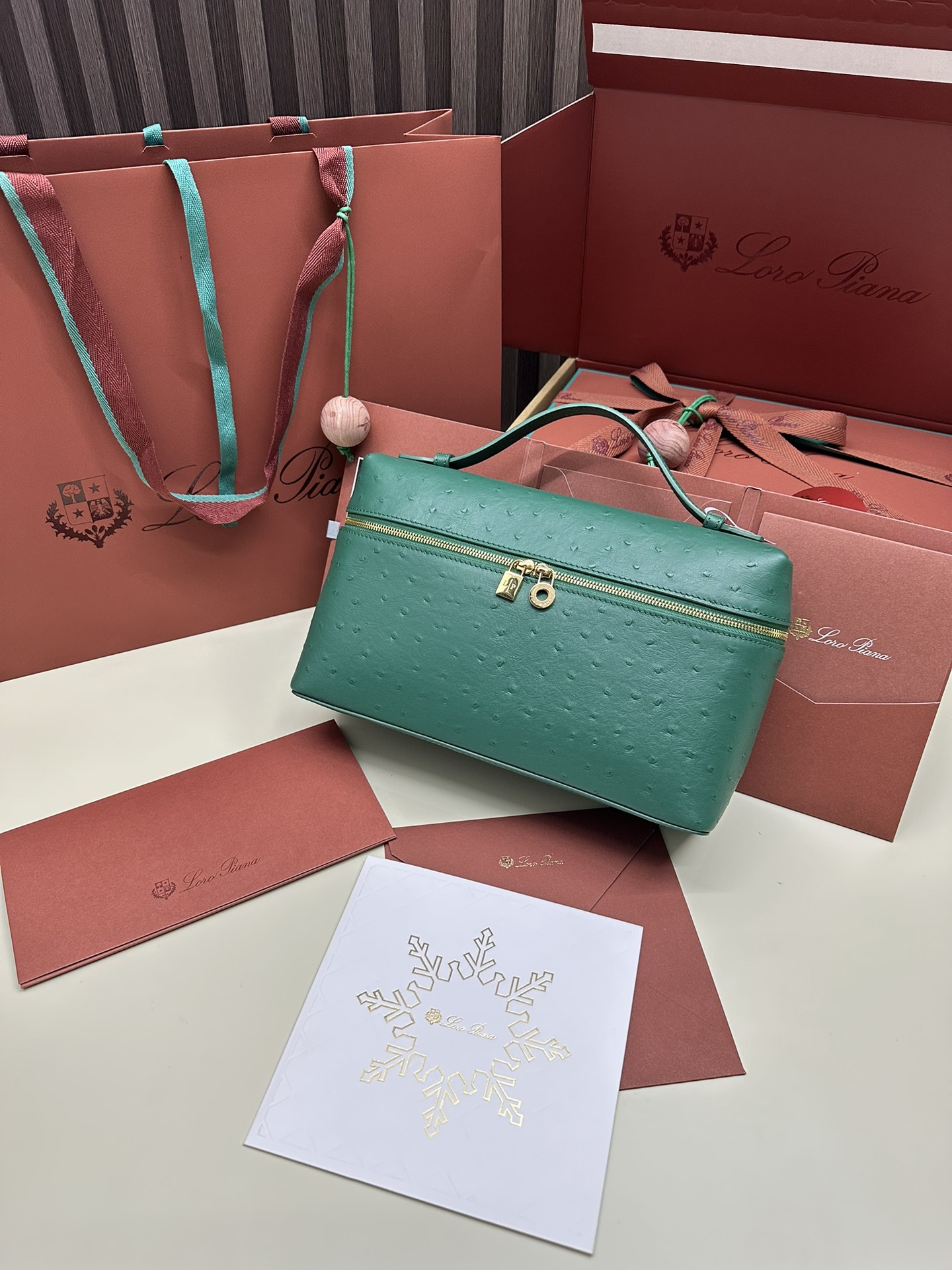 Loro Piana Ostrich Handbag with Extra Pocket and Gold Button