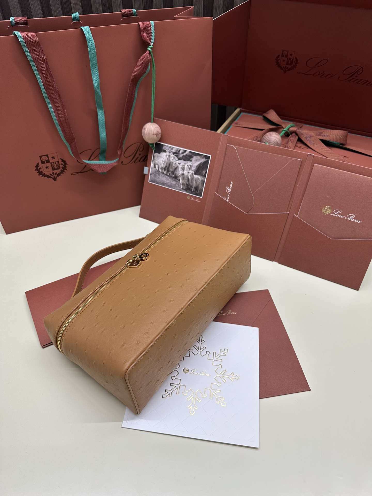 Loro Piana Ostrich Leather Handbag with Gold Button and Extra Pocket - 图片 4