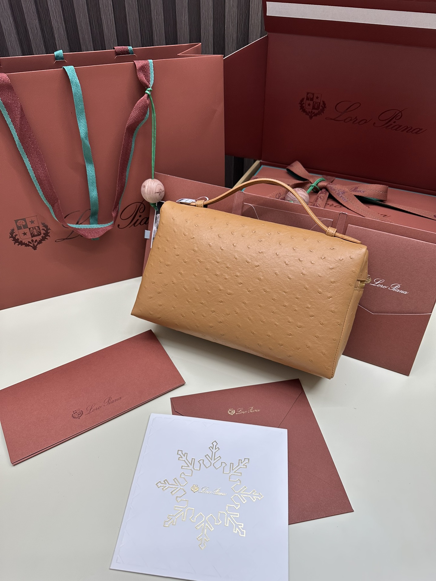 Loro Piana Ostrich Leather Handbag with Gold Button and Extra Pocket - 图片 2