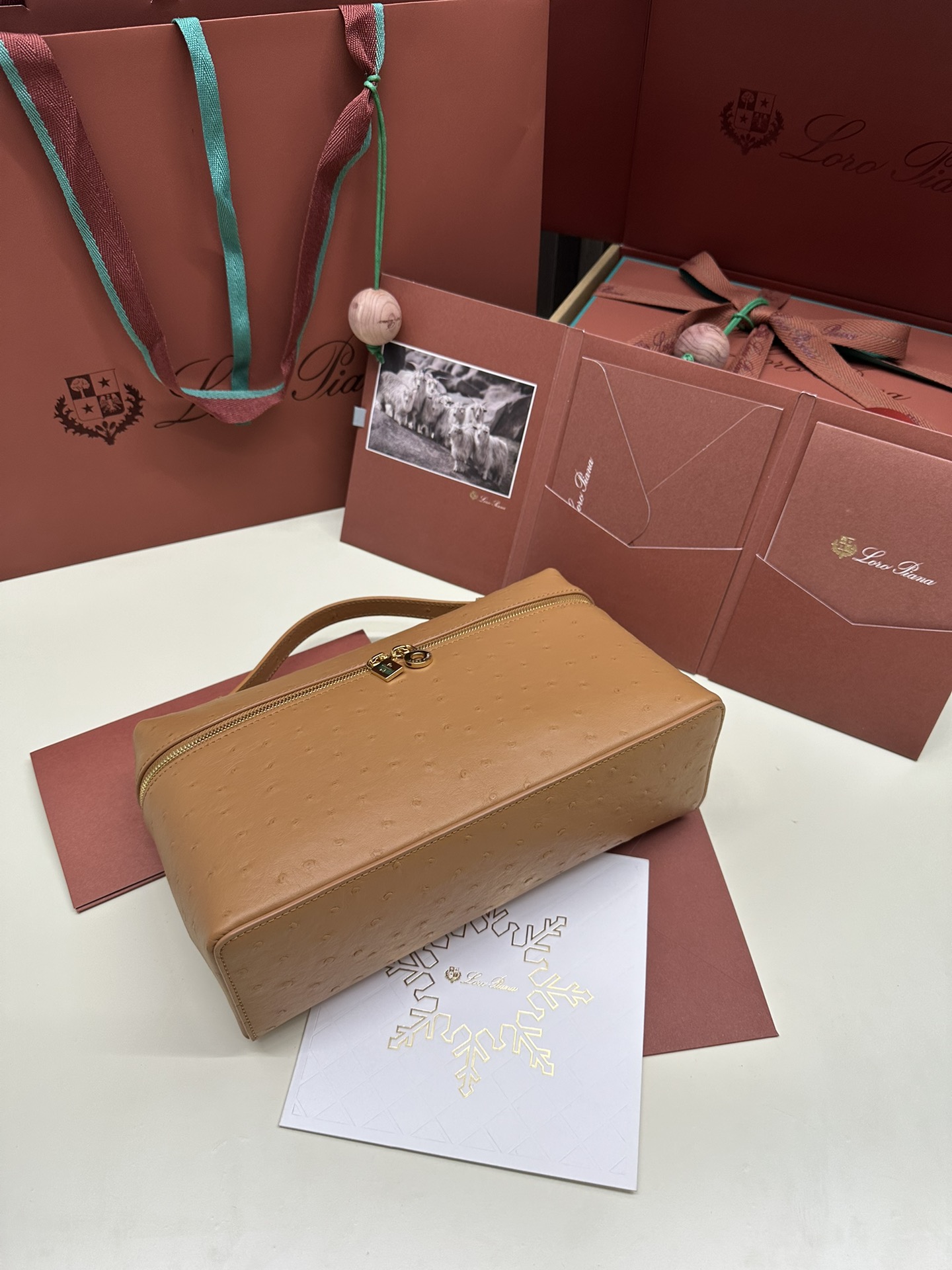 Loro Piana Ostrich Leather Handbag with Gold Button and Extra Pocket - 图片 3