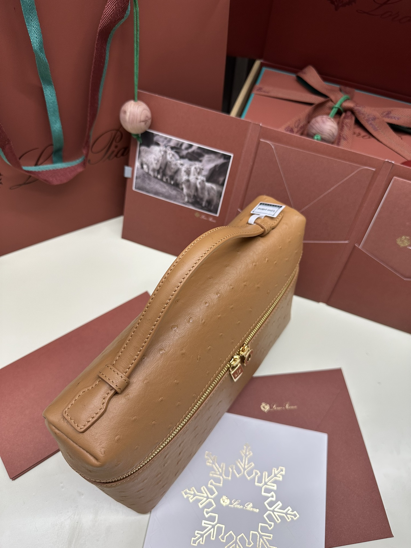 Loro Piana Ostrich Leather Handbag with Gold Button and Extra Pocket - 图片 6