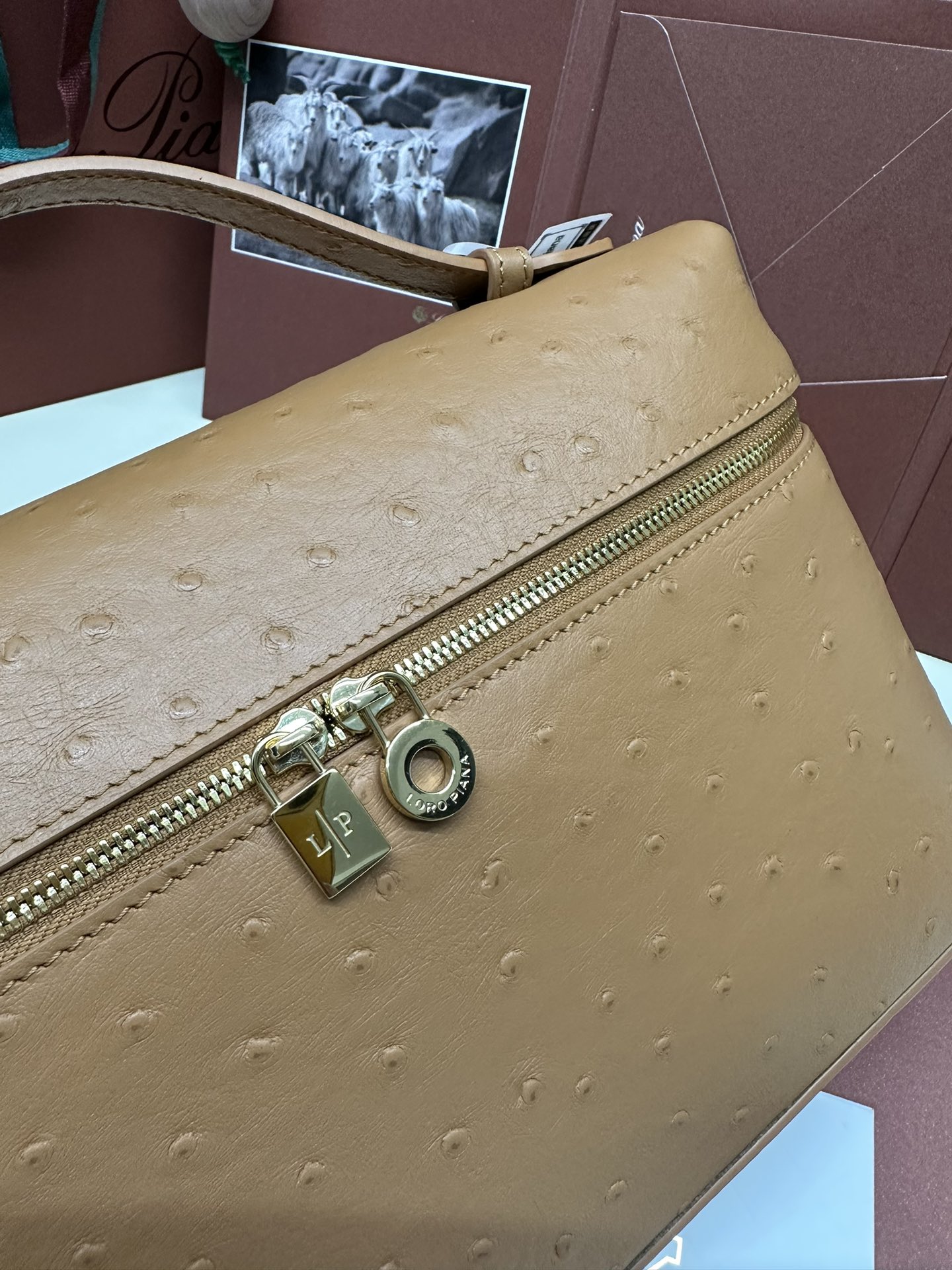 Loro Piana Ostrich Leather Handbag with Gold Button and Extra Pocket - 图片 7