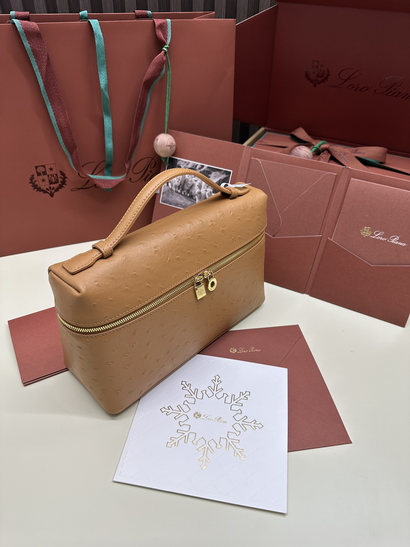 Loro Piana Ostrich Leather Handbag with Gold Button and Extra Pocket - 图片 5