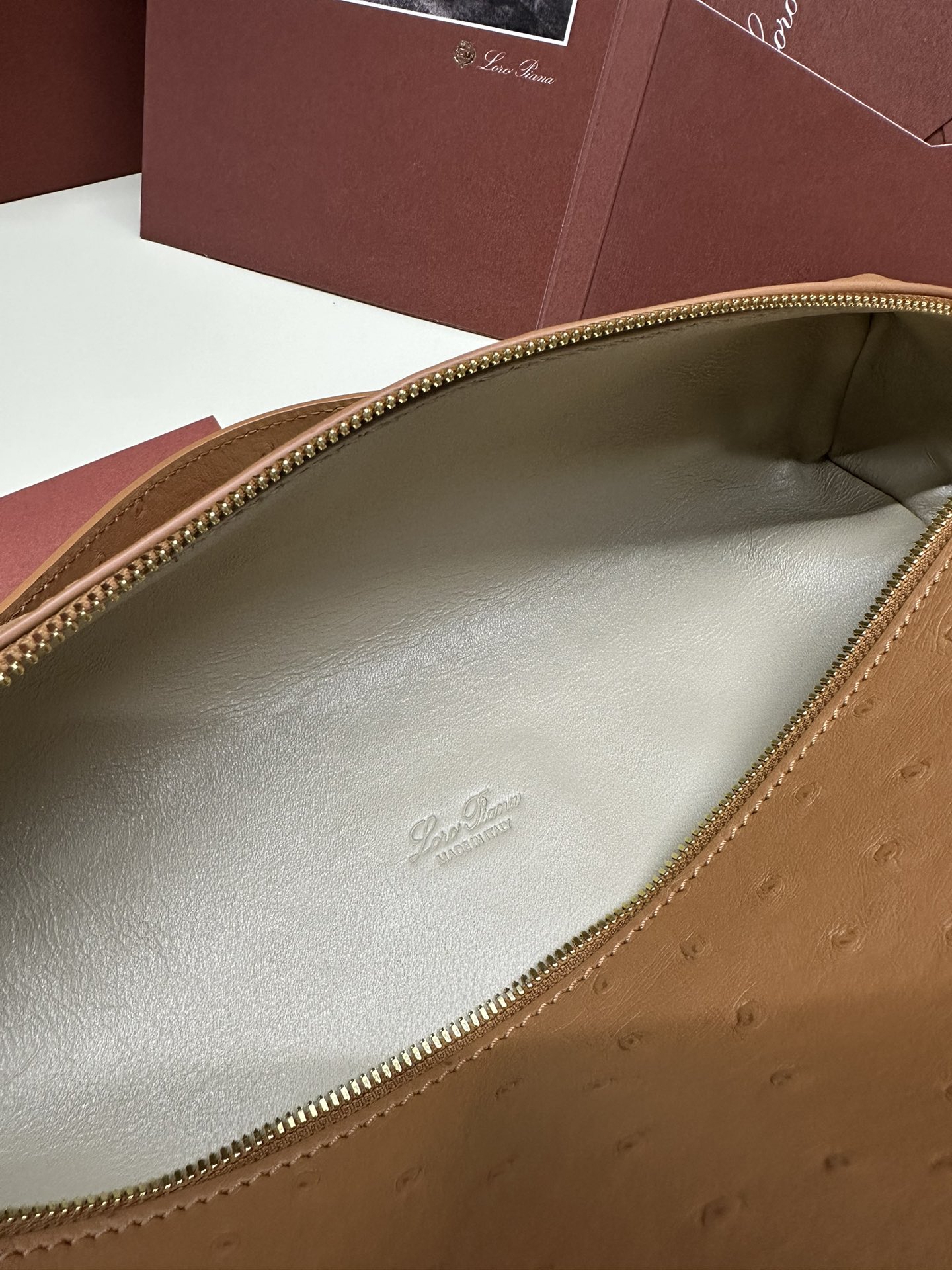 Loro Piana Ostrich Leather Handbag with Gold Button and Extra Pocket - 图片 8