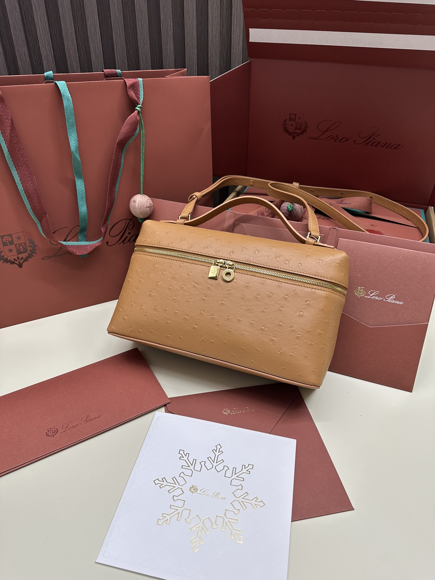 Loro Piana Ostrich Leather Handbag with Gold Button and Extra Pocket - 图片 9