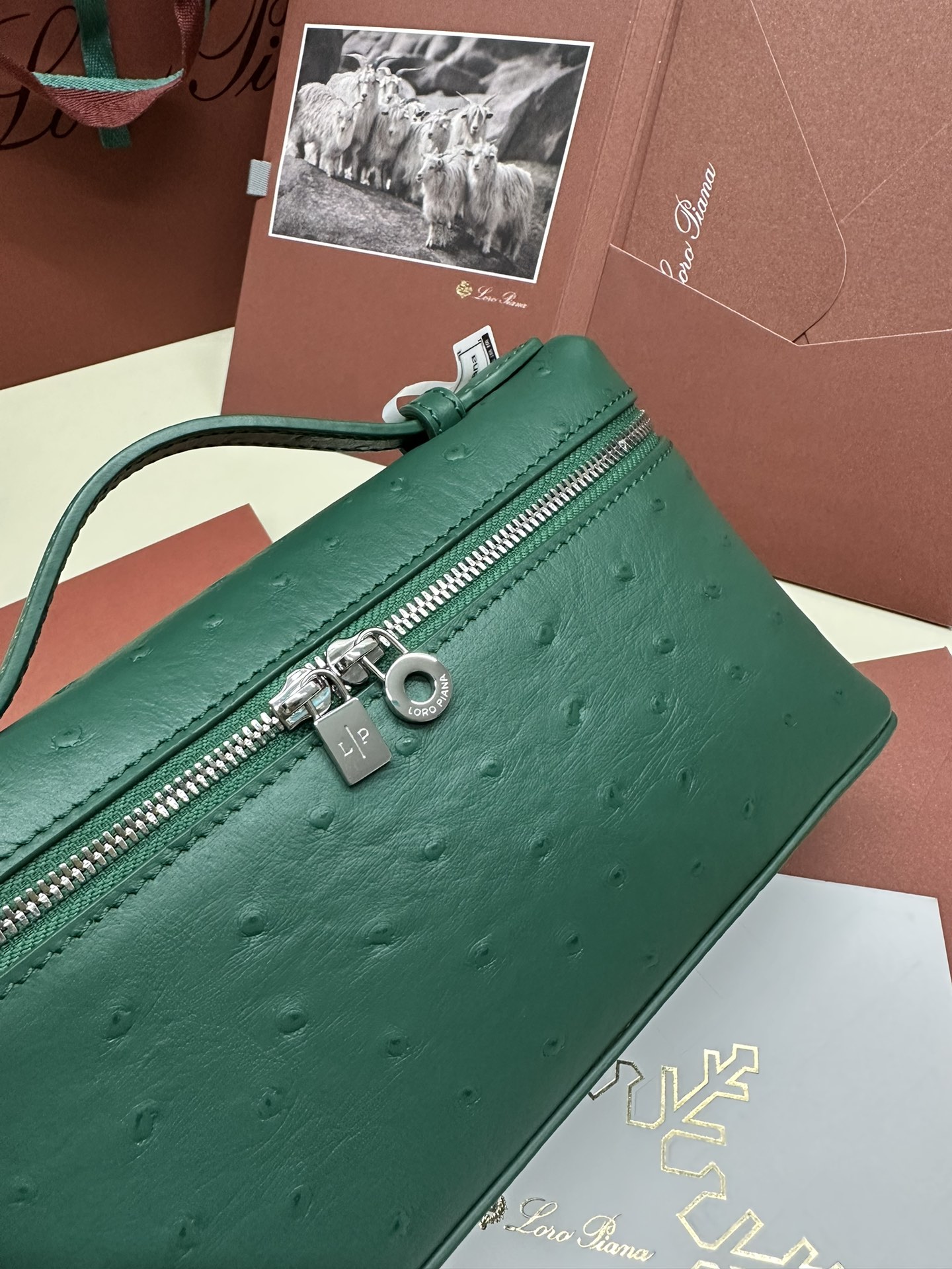 Luxury Ostrich Leather Handbag with Extra Pocket – Peacock Green (Item FAN1034) - 图片 7