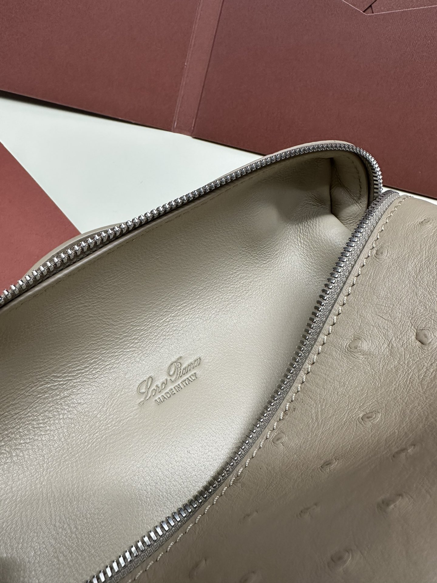 Luxury Ostrich Leather Handbag with Extra Pocket – Silver Button - 图片 8