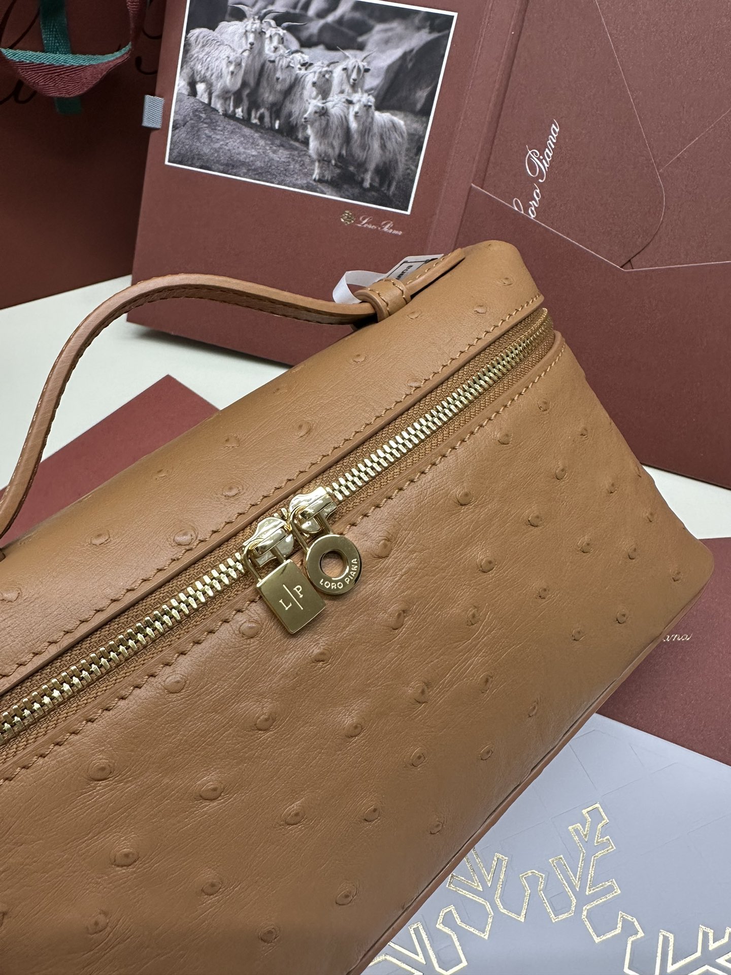 Luxurious Ostrich Leather Handbag with Extra Pocket and Gold Button - 图片 7