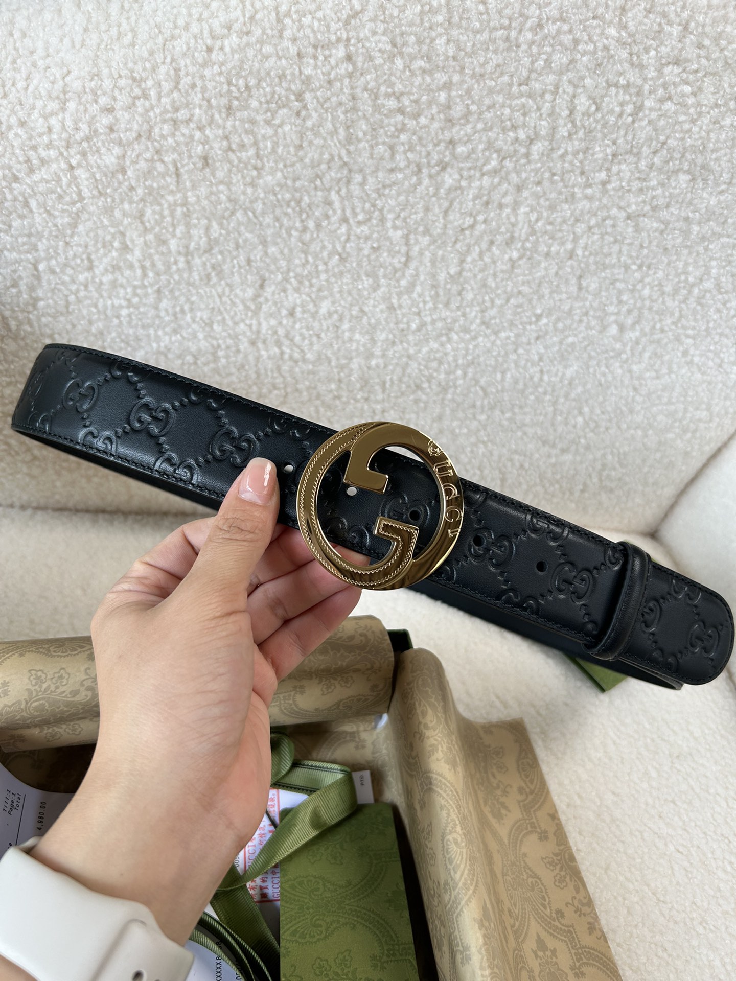 Gucci4.0cm经典压花意大利进口头层小牛皮手感柔软厚实搭配精品全钢五金带扣纯进口机械车线工艺精细原