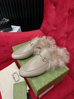 Gucci Shoes Half Slippers Calfskin Cowhide Genuine Leather Lambswool Silk Wool