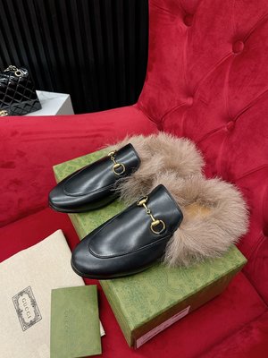 Gucci Shoes Half Slippers Calfskin Cowhide Genuine Leather Lambswool Silk Wool