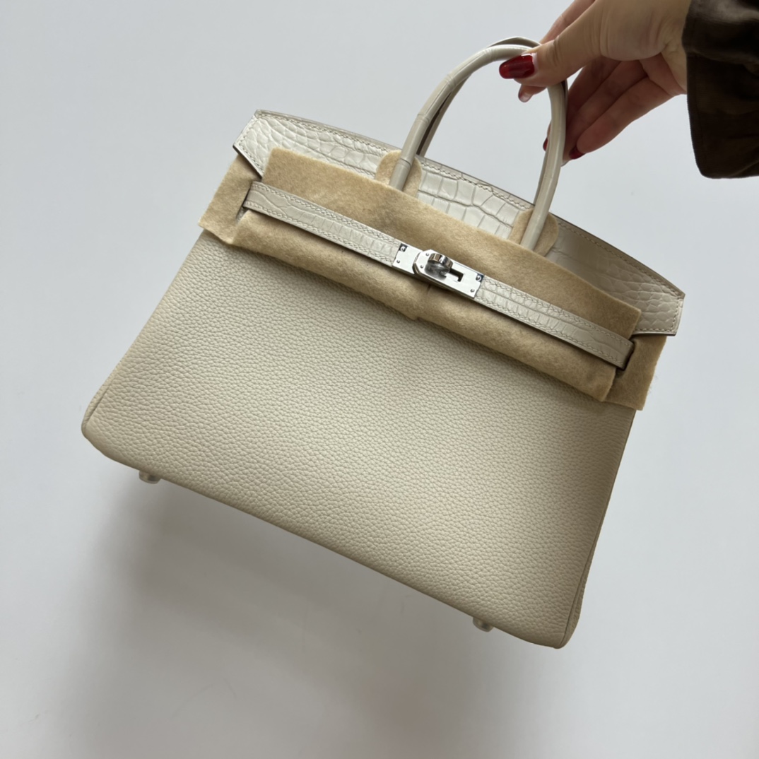 Hermès hermes rare stock touch BK25 milkshake white Togo leather combined with crocodile leather platinum 25 hand-stitched wax threadoriginal goa