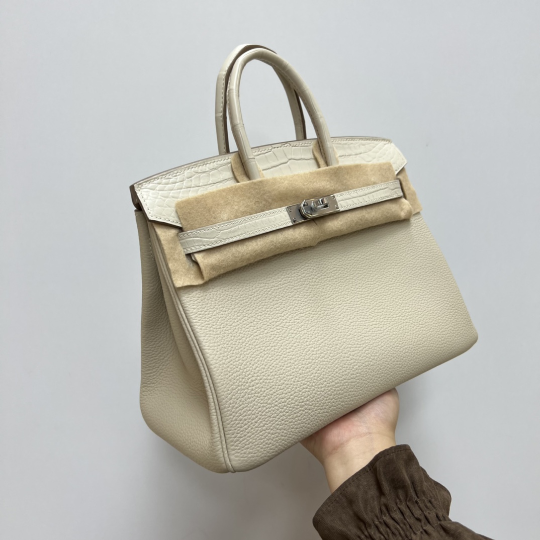 Hermès hermes rare stock touch BK25 milkshake white Togo leather combined with crocodile leather platinum 25 hand-stitched wax threadoriginal goa