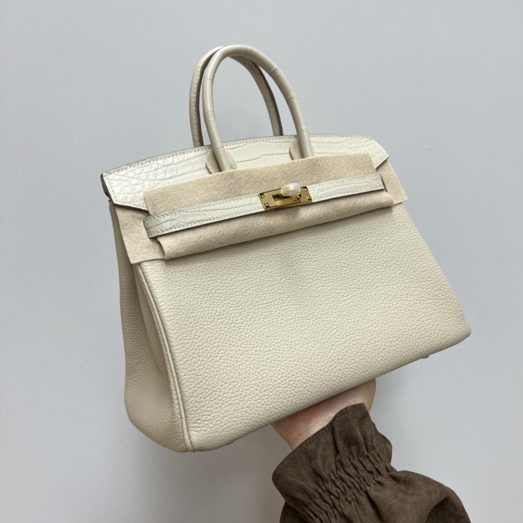 Hermès Rare stock hermes touch BK25 milkshake white Togo leather combined with crocodile leather platinum 25 hand-stitched wax threadoriginal goa