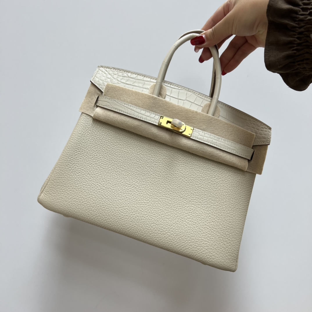 Hermès Rare stock hermes touch BK25 milkshake white Togo leather combined with crocodile leather platinum 25 hand-stitched wax threadoriginal goa