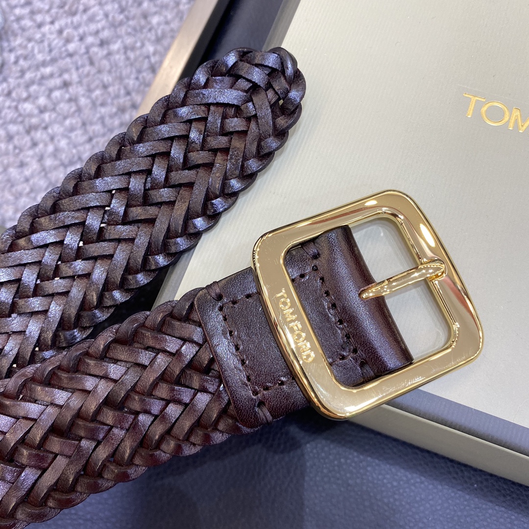 TOMFORD汤姆福特新品高端树膏皮手工编织简约商务男士腰带4.0cm宽配原版包装