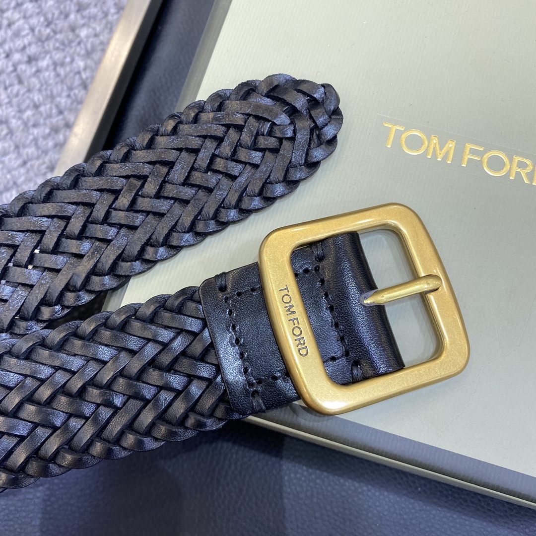 TOMFORD汤姆福特新品高端树膏皮手工编织简约商务男士腰带4.0cm宽配原版包装