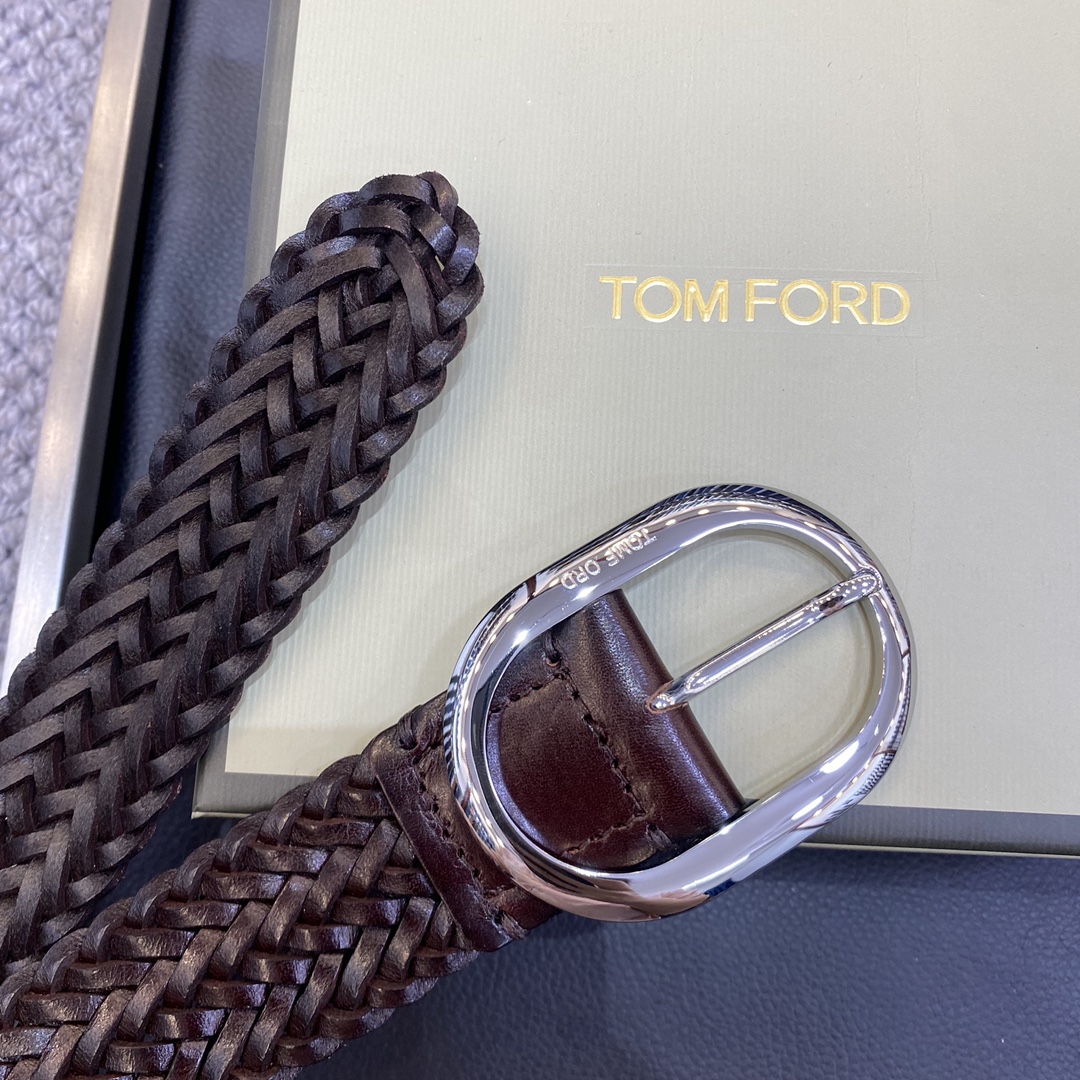 TOMFORD汤姆福特新品高端树膏皮手工编织简约商务男士腰带4.0cm宽配原版包装