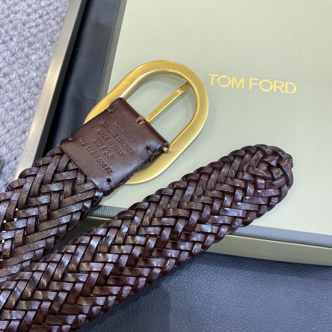 TOMFORD汤姆福特新品高端树膏皮手工编织简约商务男士腰带4.0cm宽配原版包装